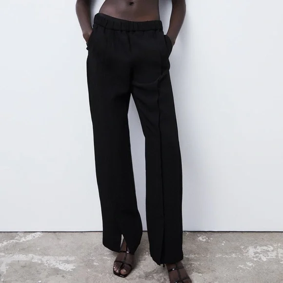 Zara Split Hem Textured Flare Trousers Size Small - Picture 3 of 5